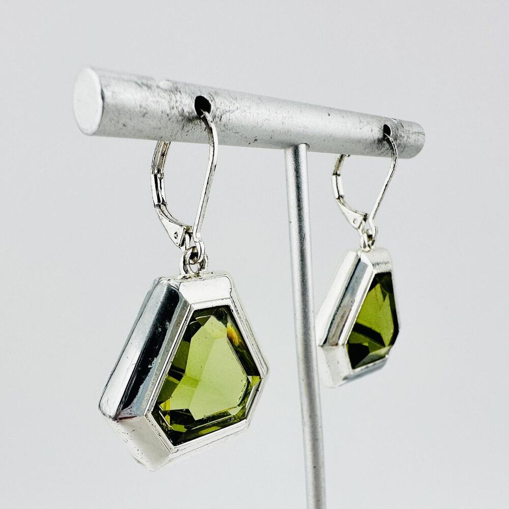 Chic Silver and Green Hexagon Earrings